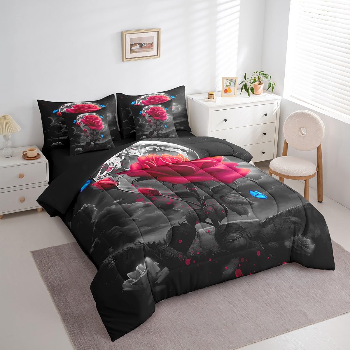 Feelyou Red Rose 7 Piece Bedding Set for Adult Couple Full Size Blue Butterfly Comforter Set with Sheets Boys Girls Flower Floral Bed in a Bag Moon Night Bed Set