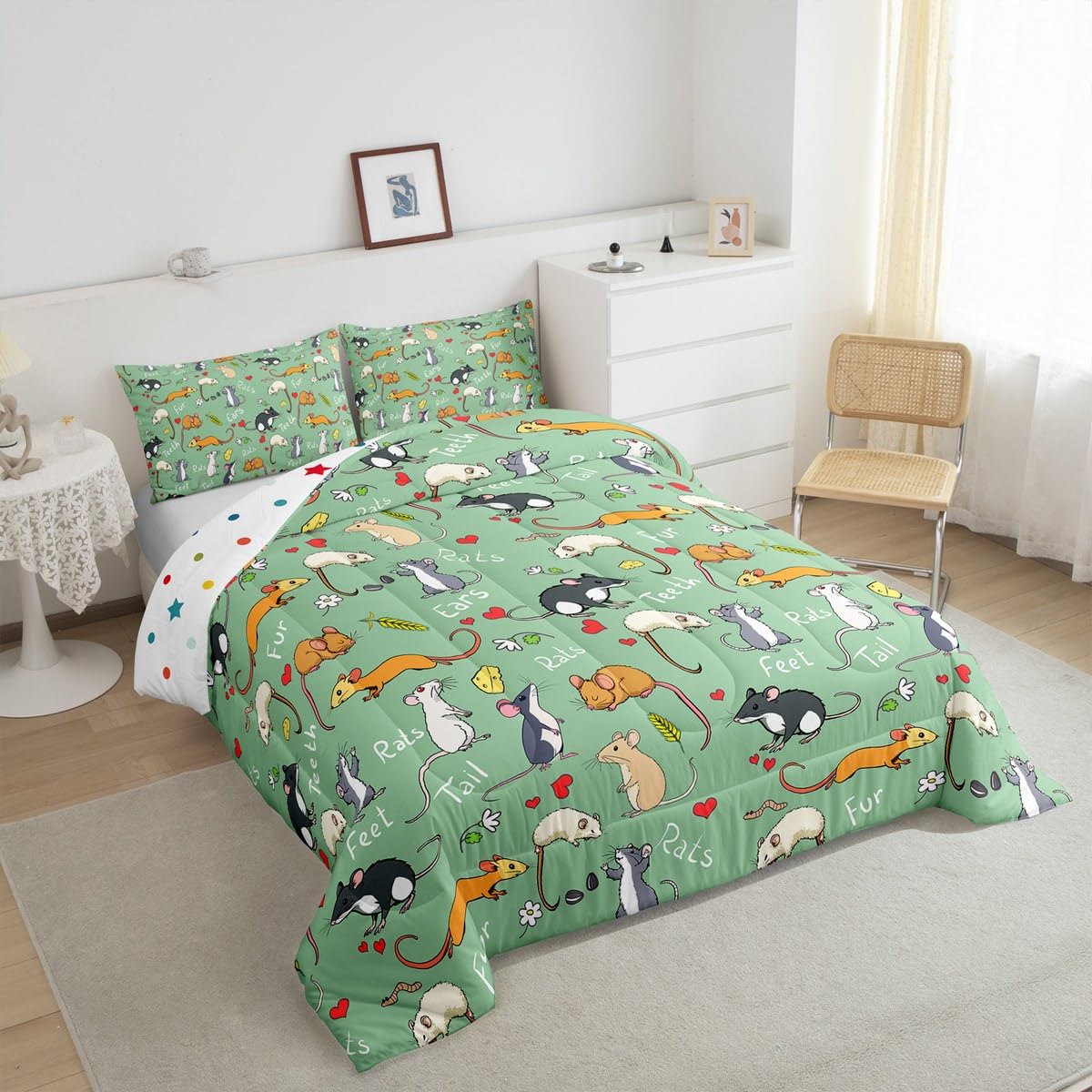 Erosebridal Kids Rat Comforter Set, Mouse Rodents Bedding Set Twin Size, Funny Animal Love Heart Duvet Sets for Boys Girls Children Bedroom, Cartoon Style Duvet Insert Decorative Room, Green