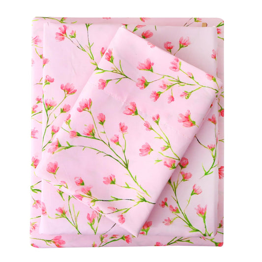 Mooreeke Cozy Floral Microfiber Printed Full Sheet Set - Soft & Breathable Pink Flowers Bed Sheets with Deep Pocket - Non-Slip Fitted Design - Pink Flowers with Green Branches Pattern - Full