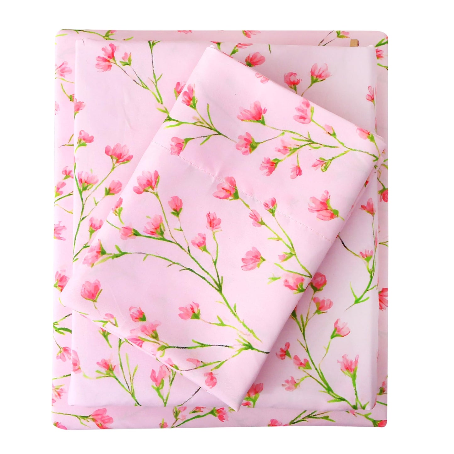 Mooreeke Cozy Floral Microfiber Printed Queen Sheet Set - Soft & Breathable Pink Flowers Bed Sheets with Deep Pocket - Non-Slip Fitted Design - Pink Flowers with Green Branches Pattern - Queen