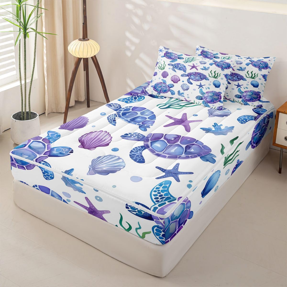 jejeloiu Sea Turtle Comforter Set Twin Size Zipper Bedding Set for Girls Boys Seaweed Comforter with Fitted Sheet, Pillowcases Ocean Creature Zipper Bedding Soft Breathable Underwater Bed in a Bag