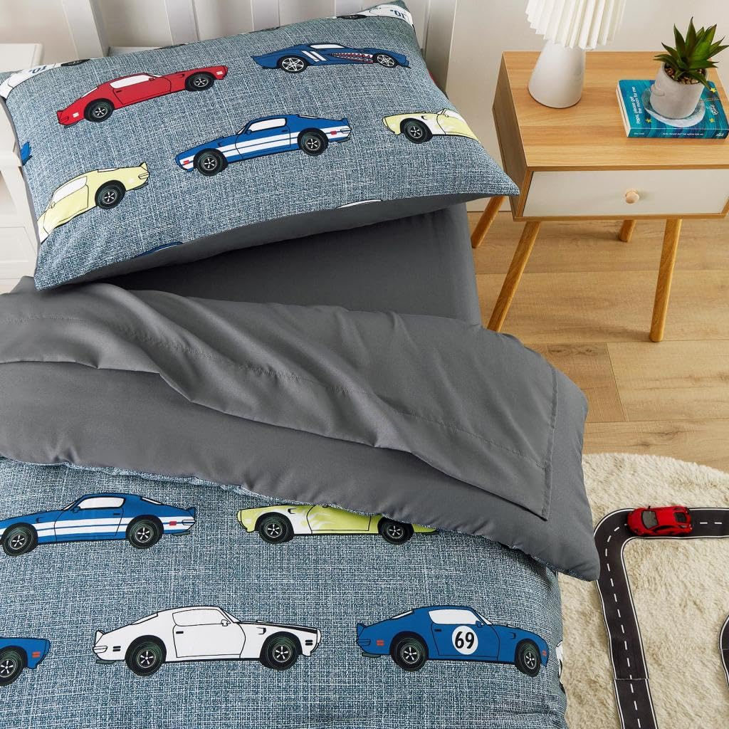 Wake In Cloud - Race Car Toddler Bedding Set for Boys, Cute Colorful Sports Car Supercar Wheels, 4 Pieces Soft Crib Bed Set Including Comforter, Sheets and Pillowcase, Gray