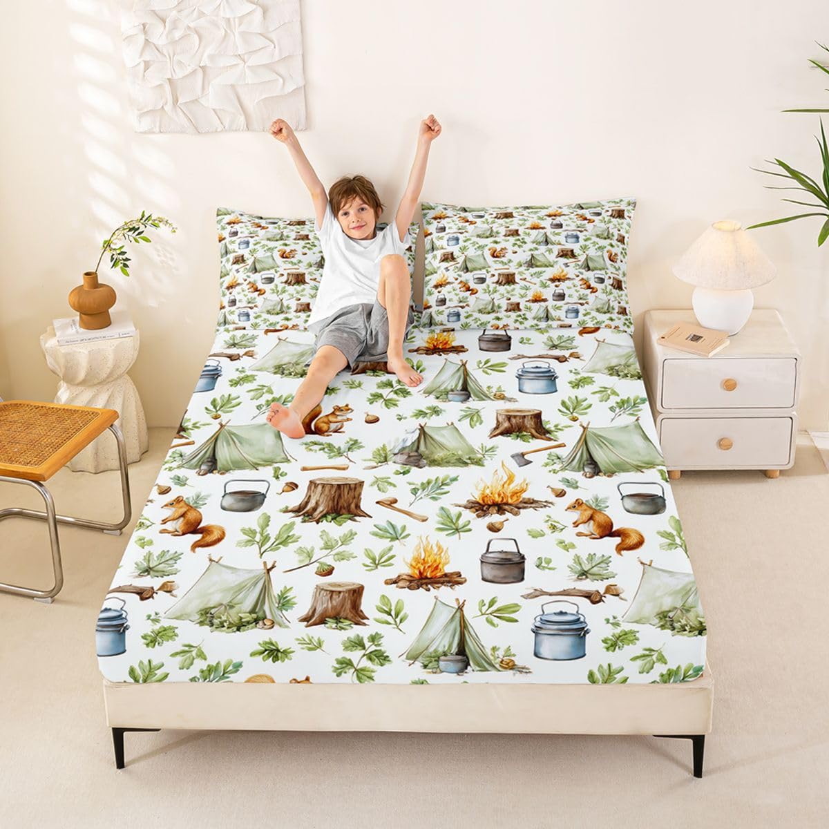 Cartoon Camping Fitted Sheets Full Size (No Flat),Campsite Tent Bonfire Bedding Set 3Pcs,Kids Teens Woman Room Decor,Squirrel and Pine Tree Bed Sheet Rustic Brown Green Deep Pocket Sheet,2 Pillowcases