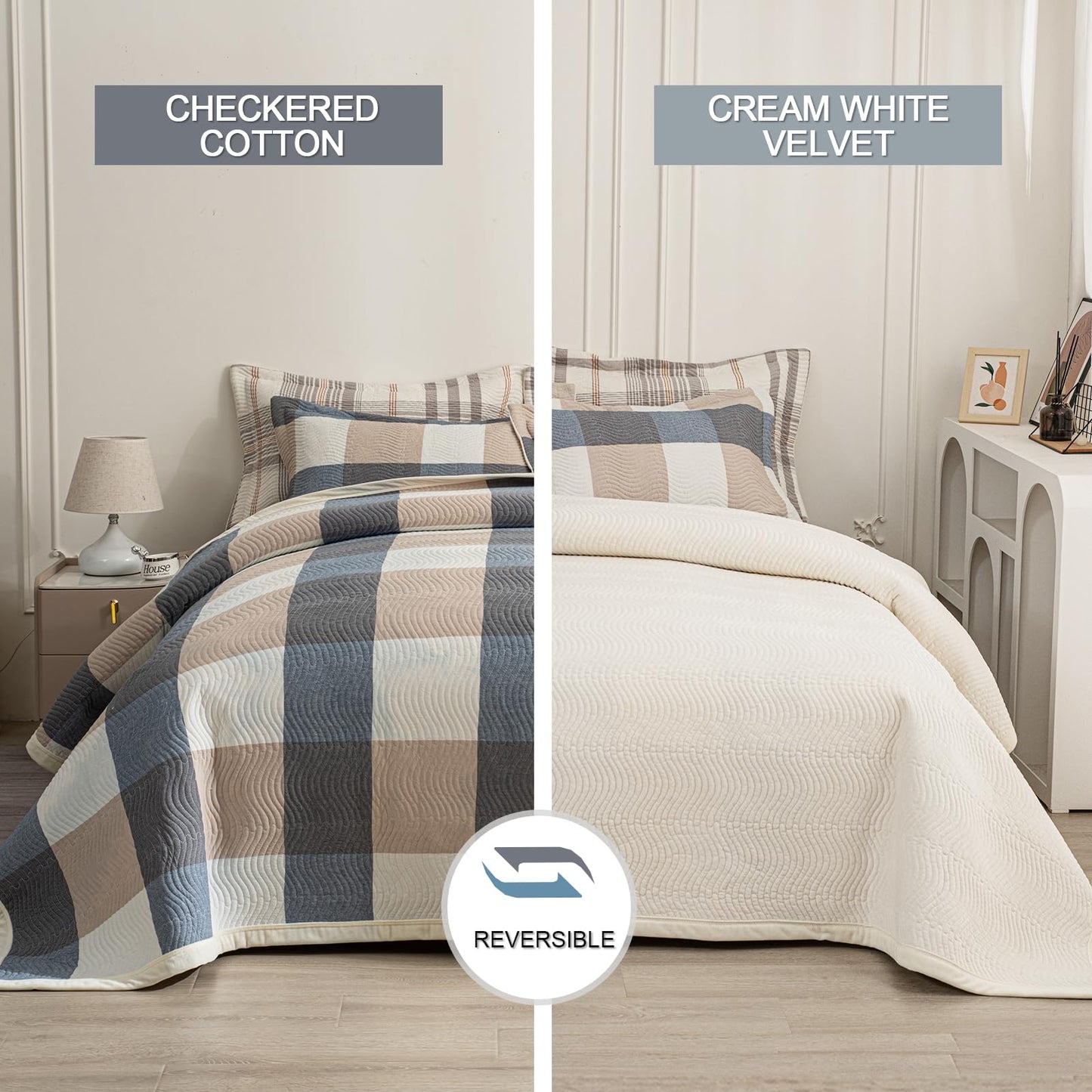 tohrisa Cotton Plaid Quilt Set, Ultra Soft 3 Pieces King Size Bedding with 2 Pillow Shams, Lightweight Reversible Coverlet Bedspread with Wave Quilting for Summer, 108"x96", Grid-Beige Blue