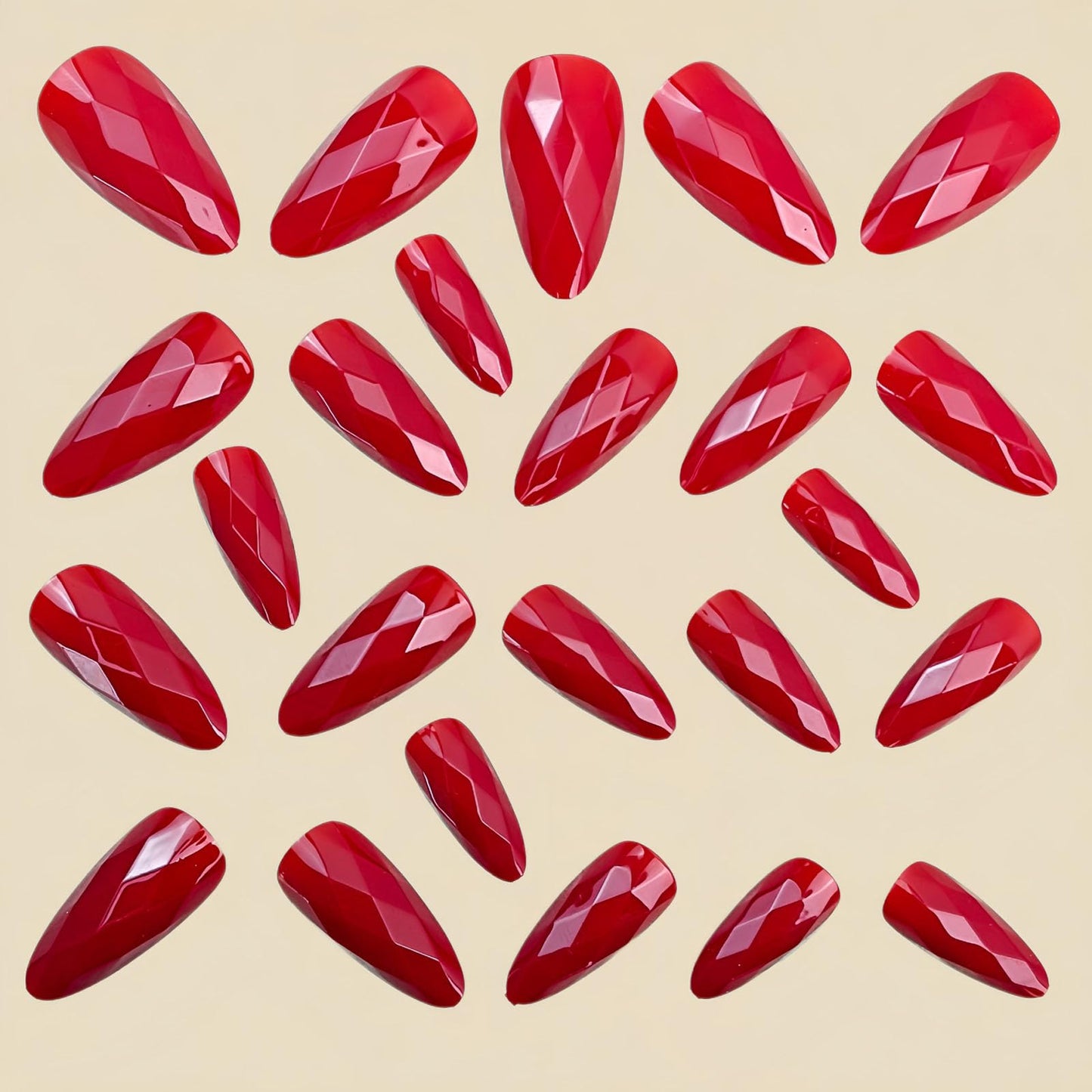 RUOKEXIN Almond Press on Nails Medium Length Fake Nails Red Chrome False Nails with 3D Rhombus Designs Full Cover Nail Press ons Sparkly Artificial Nails for Women 24Pcs