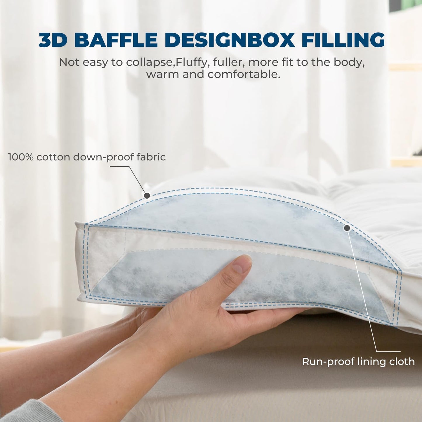 ROSE FEATHER Goose Down Feather Mattress Topper,Queen Down Mattress Protector Cover with Straps,Plush Soft Fluffy Baffled Pillowtop,Hypoallergenic Featherbed Cooling Pad All-Season Luxury(60x80 inch)