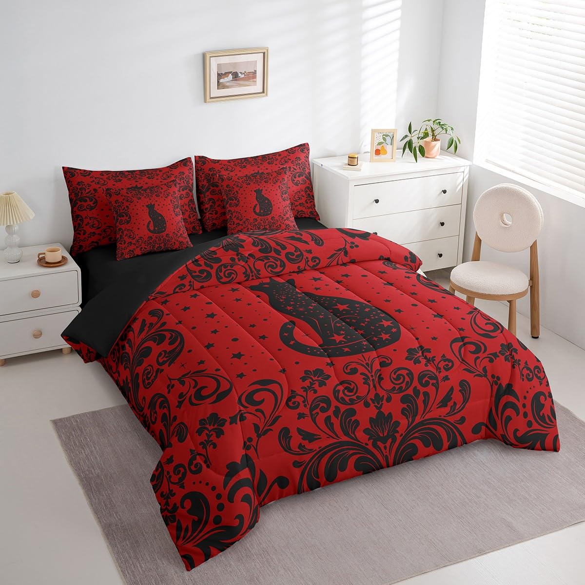 Erosebridal Boho Black Cat Queen Comforter Set 7 Piece for Kids Boys,Black Red Halloween Gothic Bedding Set with Sheet Set Teen Men Exotic Damask Floral Animal Goth Bed in A Bag Stars Cat Bed Set