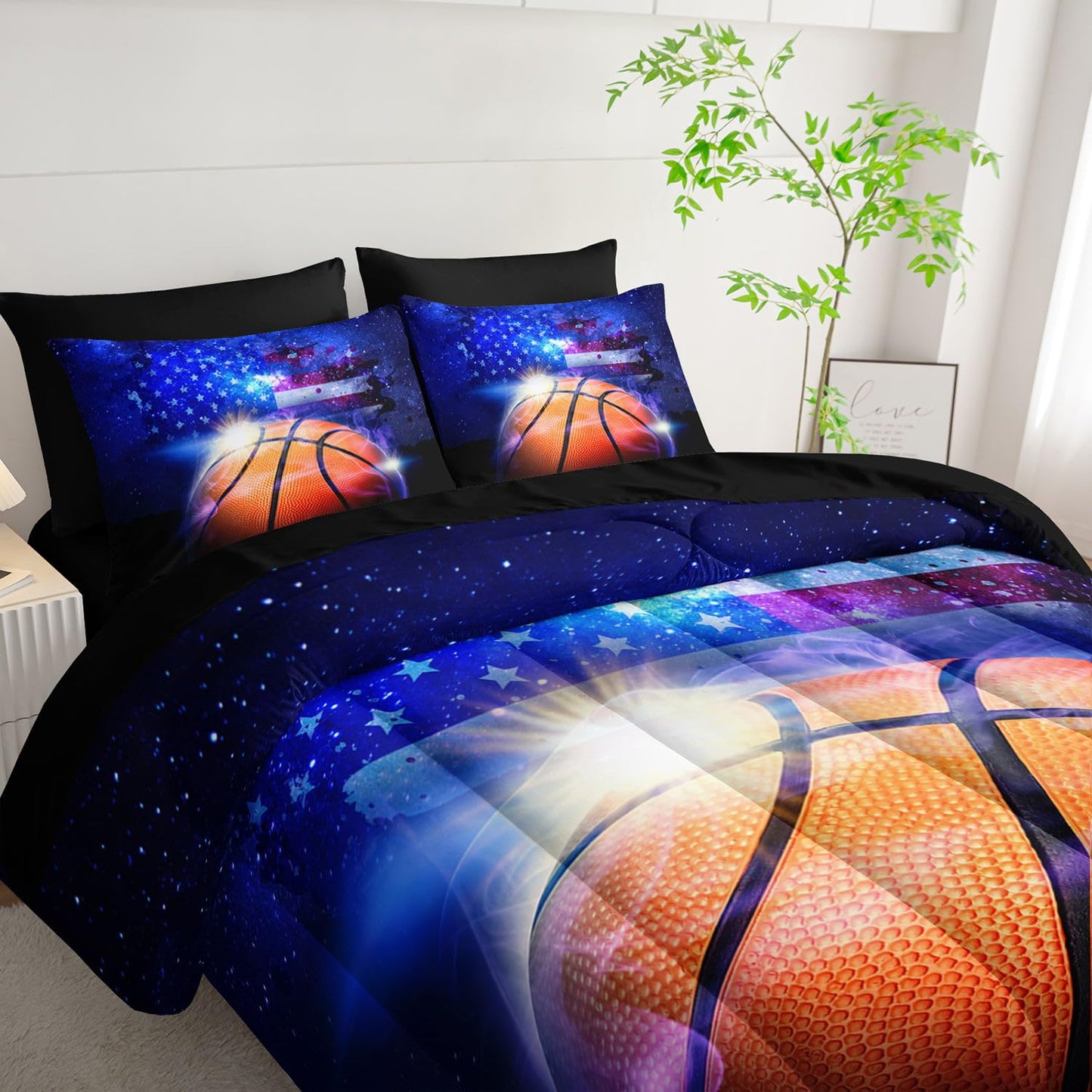 Smell Sunshine 7pcs Sports Comforter Set 3D Basketball Printed Bedding Set with 1 Comforter, 1 Flat Sheet, 1 Fitted Sheet and 4 Pillowcases for Boys and Girls Bedroom (Basketball Twin