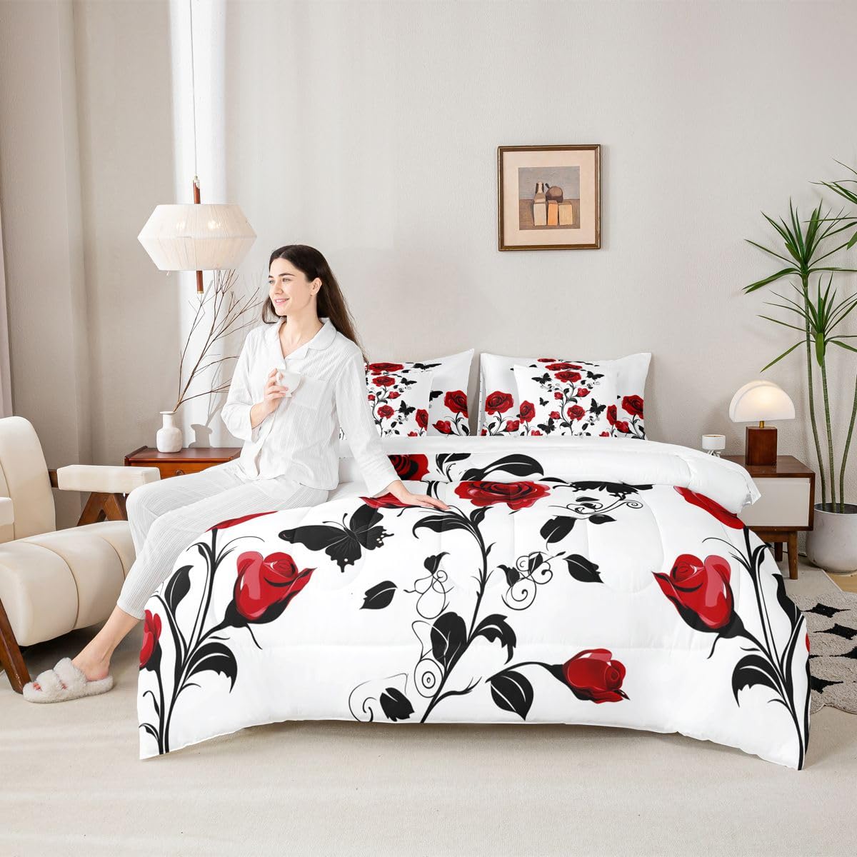 Erosebridal Red Rose Full Bedding Set - Valentines Day Flowers Bed in A Bag,Gothic Roses Butterfly Printed Comforter Sets with Sheets, Rose Decor 7 Pieces Bed Set Bedroom Decor
