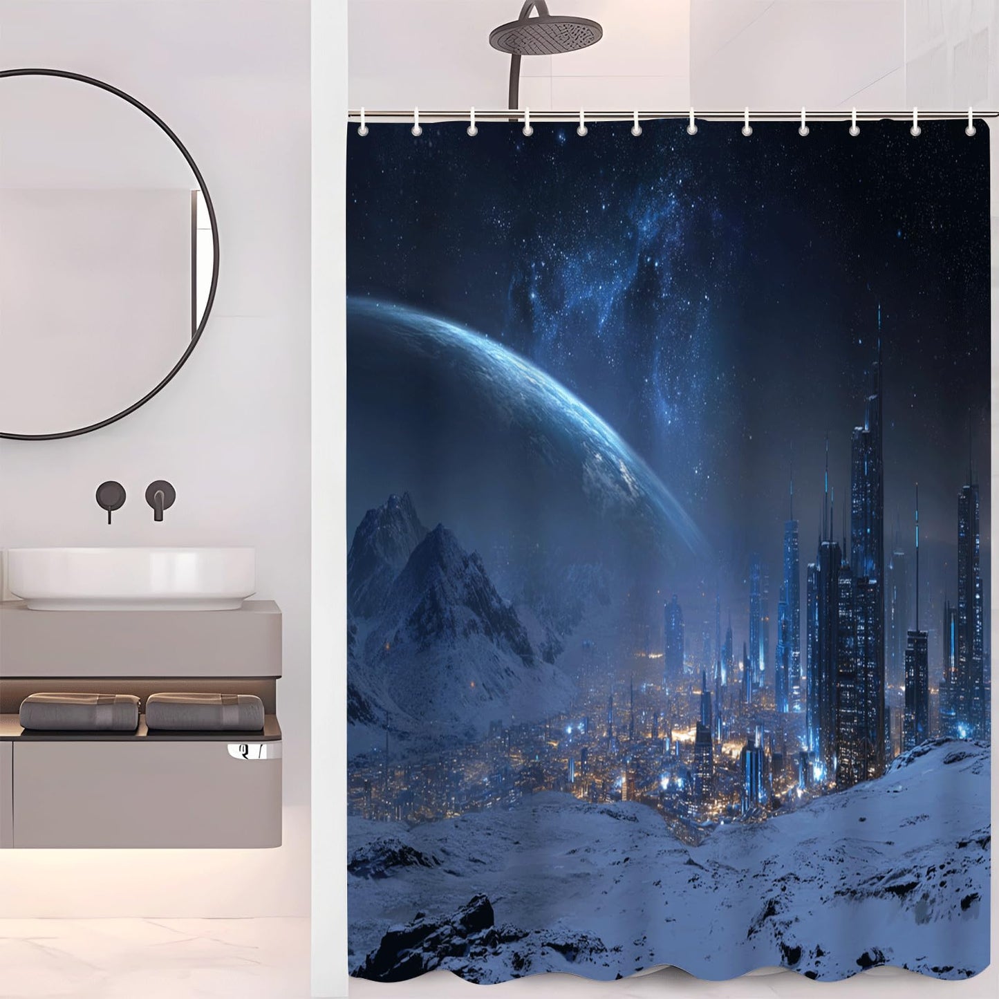 ZROLUW Blue Starry Sky Shower Curtain,48" W x 72" L Snow Mountain City Landscape Shower Curtains for Bathroom, Fabric Bath Curtain Sets Decor with Hooks