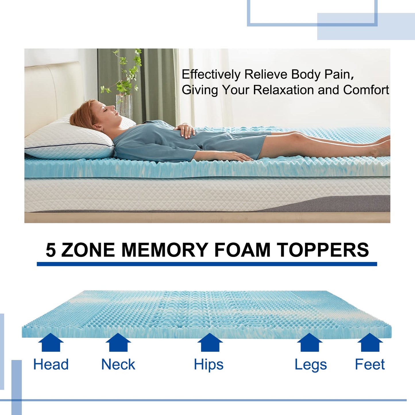 SINWEEK 2 Inch Mattress Topper 5-Zone Memory Foam Mattress Topper Pressure Relief Soft Mattress Pad, CertiPUR-US Certified, Twin Size Blue