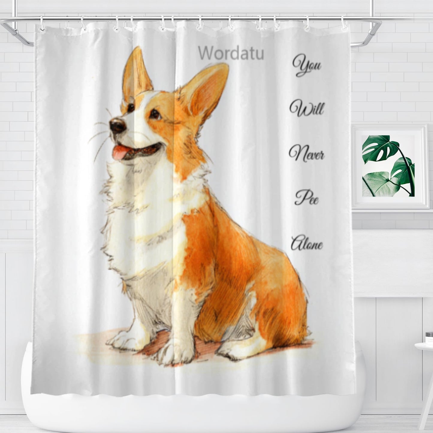 Wordatu Corgi Shower Curtain You Will Never Pee Alone Decor Fabric Bathroom Curtains, Kids Children Rustic 72x72 with 12 Hooks