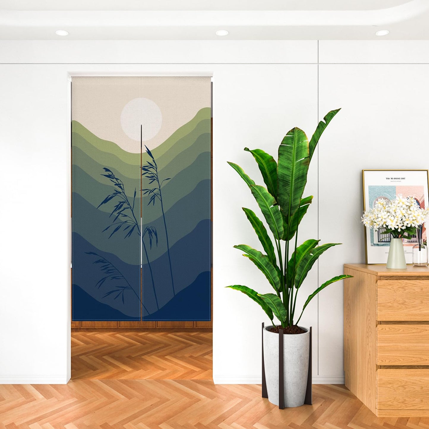 Leowefowa Japanese Double Sided Doorway Curtain Noren Green Mountain Sun Door Hanging Chinese Style Ink Painting Tapestry Window Treatment Bedroom Partition Kithchen Bathroom Door Decor33.5"x 70.9"