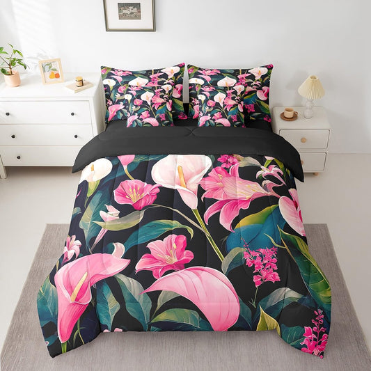 Feelyou Flower Comforter Set King Size 7 Pieces Palm Leaf Bedding Set for All Season Floral Blossom Tropical Botanical Nature Theme Bed in a Bag with Comforter, Sheets, Pillowcases & Cushion Cover