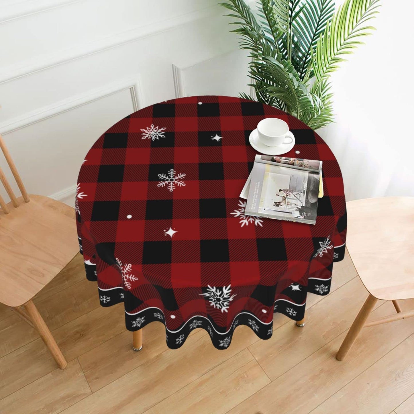 Christmas Tablecloth, Red Black Buffalo Plaid Round Tablecloth 60 Inch, Winter Snowflake Table Cloth for Rustic Farmhouse Kitchen Decor, Xmas Holiday Outdoor Wipeable Polyester Fabric Table Cover
