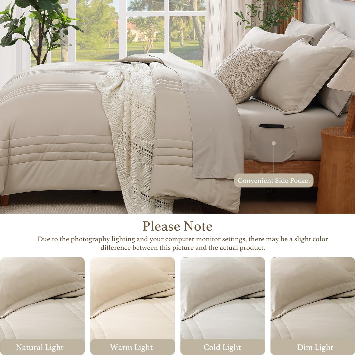 Monbix Queen Comforter Set - 7 Pieces Beige Bed in a Bag Queen Bedding Sets with Comforters, All Seasons Comforter Bed Set with Sheets, Pillowcases & Shams