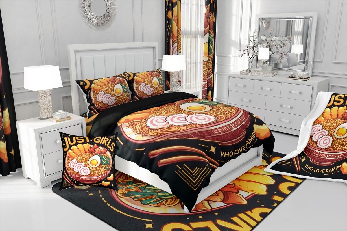 Erosebridal Japanese Ramen Bedding Set Queen,Ramen Noodle Comforter Set Funny Gifts for Kids Teens Adults,Anime Style Quilt Bed Set Food Theme Bedding Comforter Sets with 2 Pillowcases Room Decor