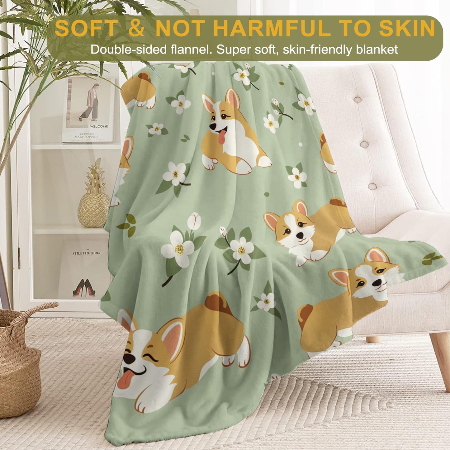 ainori Happy Corgi Throw Blanket 50x60 in, Cute Dog Flower Garden Pattern Blankets for Couch Bedroom Living Room Indoor Decor, Lightweight Soft Cozy Bedding Birthday Gift for Kids Boys Adults