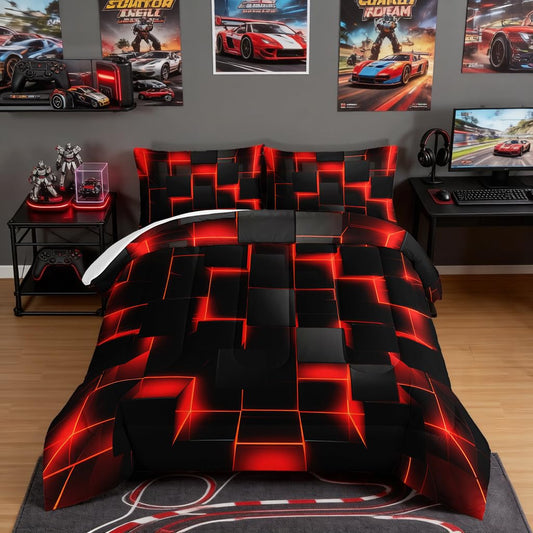 HOSIMA Honeycomb Twin Size Comforter Set,Red Black Geometric Bedding Set 3pcs for Kids Boys Teens Room Decor,Gamer Comforter Sets for Boys Soft Lightweight Bedding Sets with 2 Pillowcases.