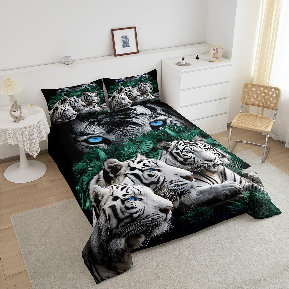 Feelyou Tiger Bedding Set Wild Animal Theme Pattern Comforter Set for Kids Adults Safari Cats Comforter Soft Wildlife White Tiger Decor Quilt Set Twin Size