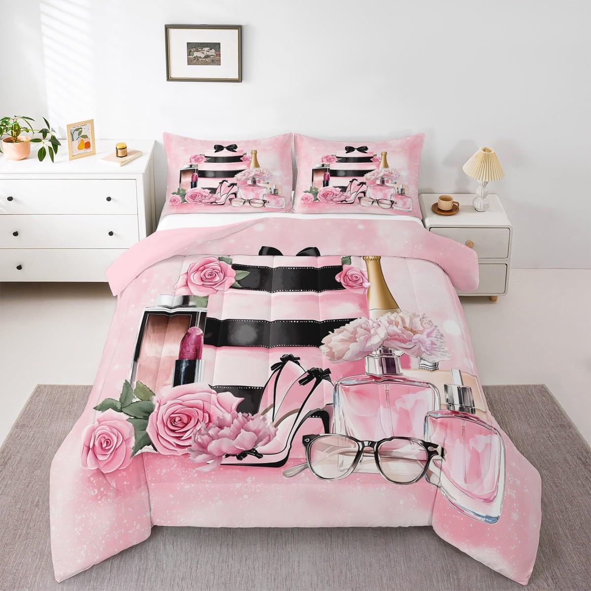 Erosebridal Fashion Luxury Girly Comforter King Size Pink Floral Bedding Set for Girls Women Kids High Heel and Perfume Bed Sets Boho Coquette Trendy Elegant Aesthetic Duvet Insert,Pink and Black