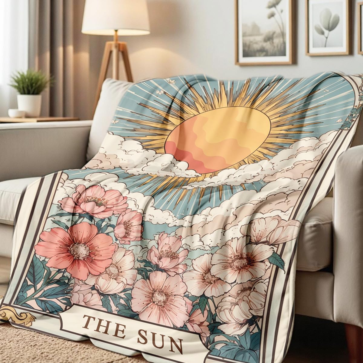 HUNXIAOJ Sun Moon Celestial Print Blanket Boho Celestial Flannel Throw Beige Blanket Throw for Couch Bed Home Living Room Boho Decor Gifts for Kids Adult (59"x78")