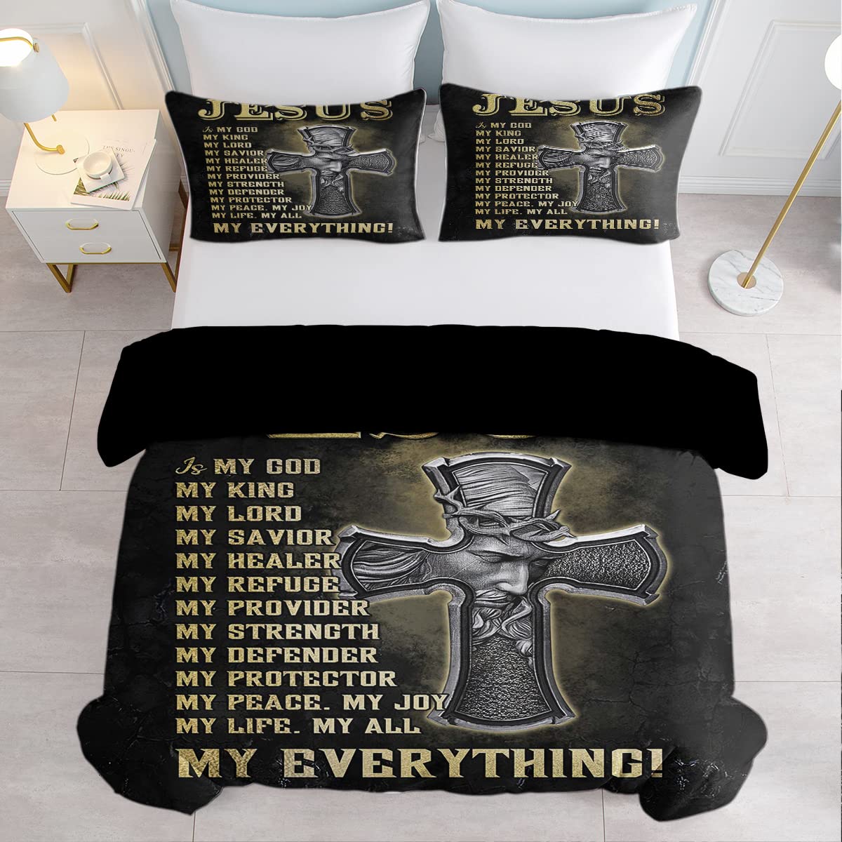 SOULZZZ Jesus Cross Print Comforter Cover Set Religious Christian God Cross Duvet Cover King, Western Culture Exotic Savior Bedding 1 Duvet Cover with 2 Pillowcases