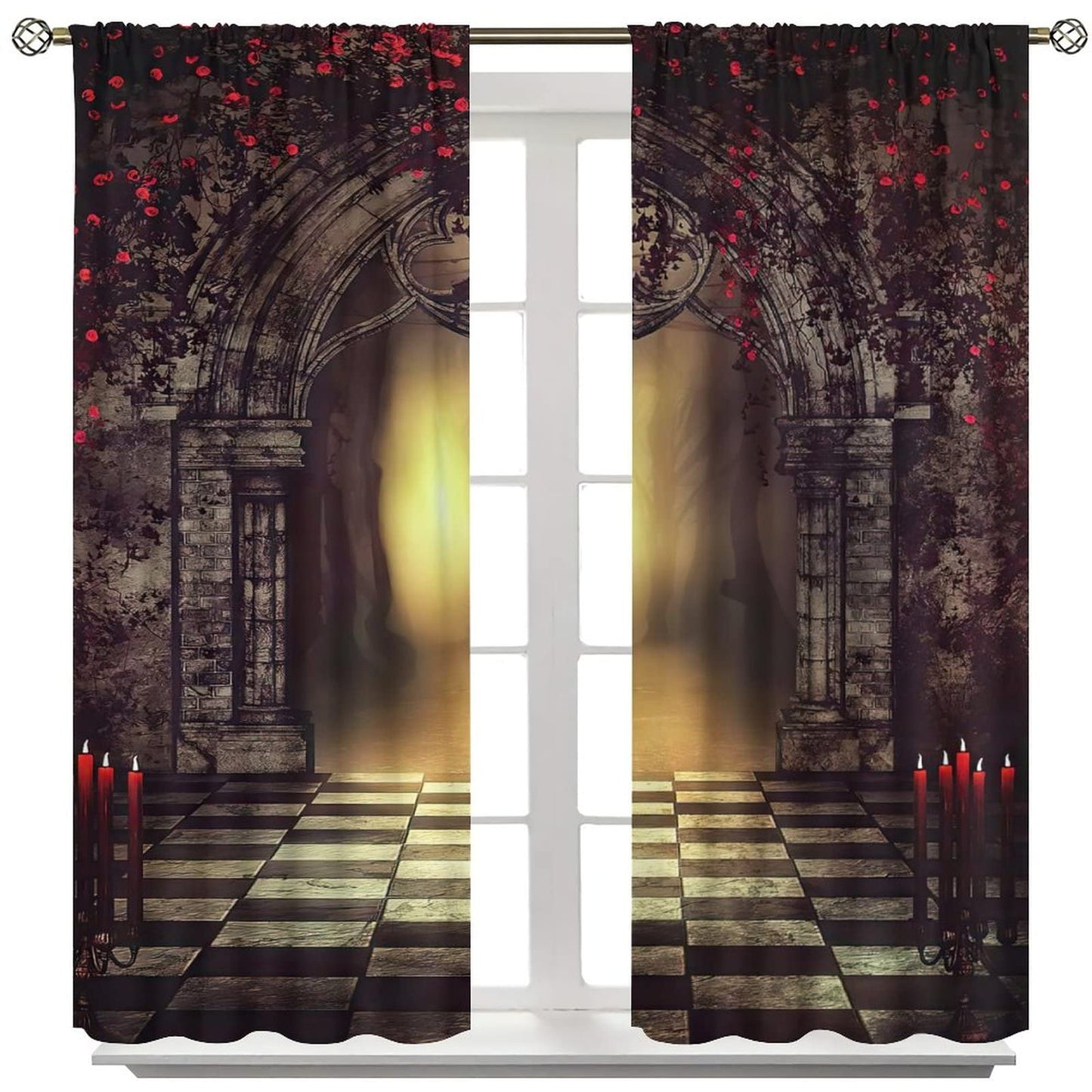 Gothic Blackout Curtains,Red Roses Medieval Castle Old Arch and Candles Thermal Insulated Drapes for Bedroom Living Room Window Curtains W42xL45in