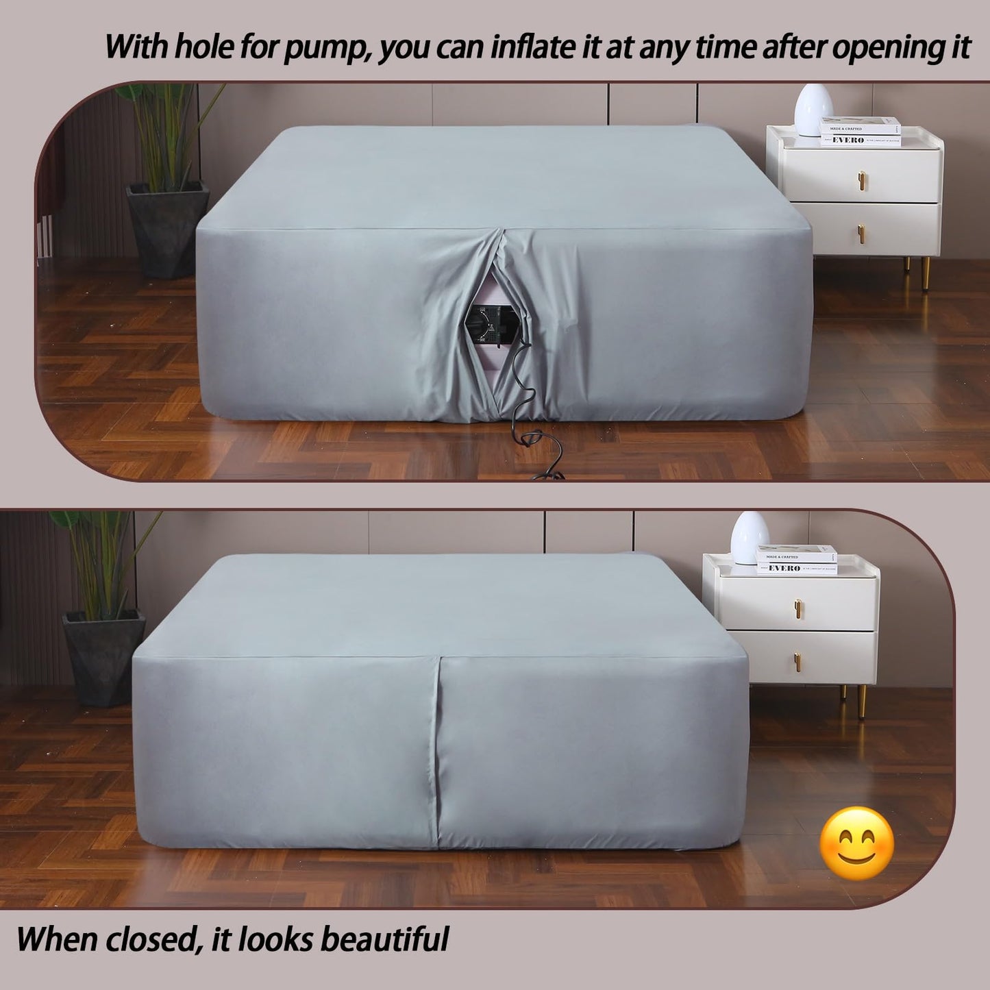 Antranfour Queen Fitted Sheet for Air Mattress,with 24 Inch Extra Deep Pockets,Ultra Soft Durable Breathable Bed Sheets Cover for Inflatable Air Bed,with Pump Opening,Inflate at Any Time-Gray