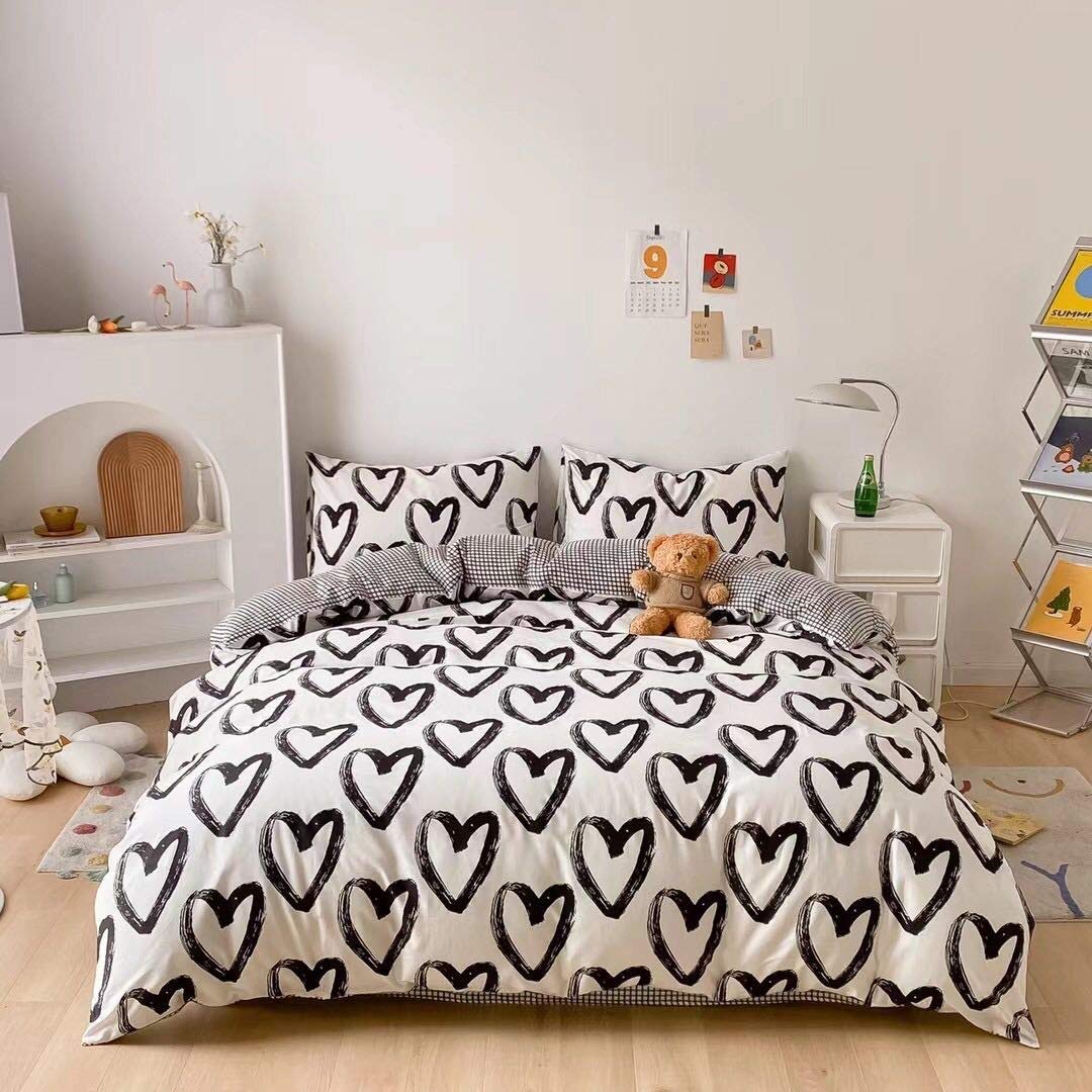 CLOTHKNOW Black and White Duvet Cover Sets Cotton Queen Love Pattern Bedding Sets Full Bedding Duvet Cover Reversible Grey Grid Duvet Cover