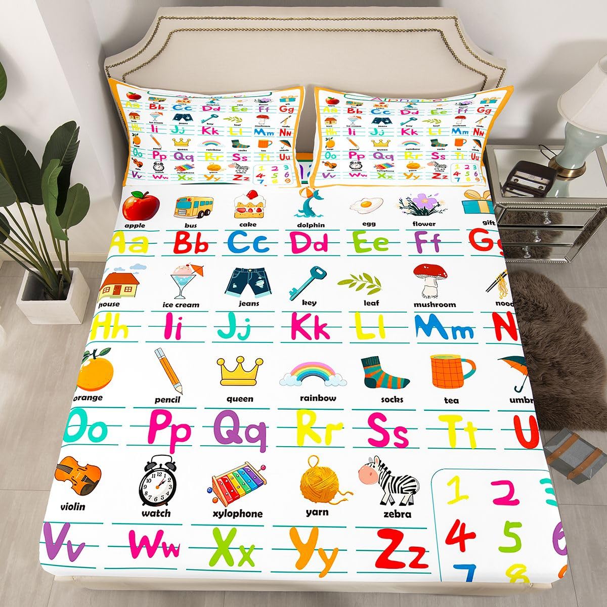 ABC Alphabet Bed Sheet Set Twin Size, Cute Educational Learning Tool Fitted Sheet for Kids Toddler Cartoon Animal Bedding Set Learning Educational Bed Cover Lightweight Bed Set (No Flat Sheet)