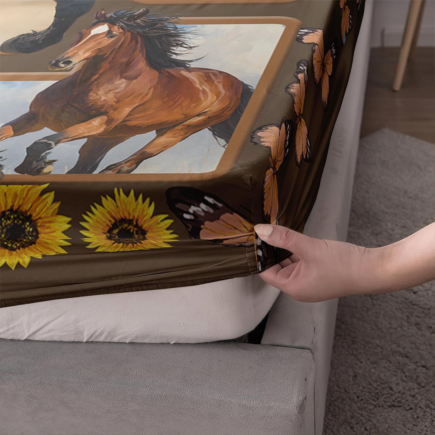 HOSIMA Horse Fitted Sheet&Pillowcases,Animal Themed Galloping Horse and Sunflower Floral Bedding,3D Printed Soft Decorative Fabric Bedding Deep Pocket,Teens Kids and Toddler Bedding Set,Twin Size.