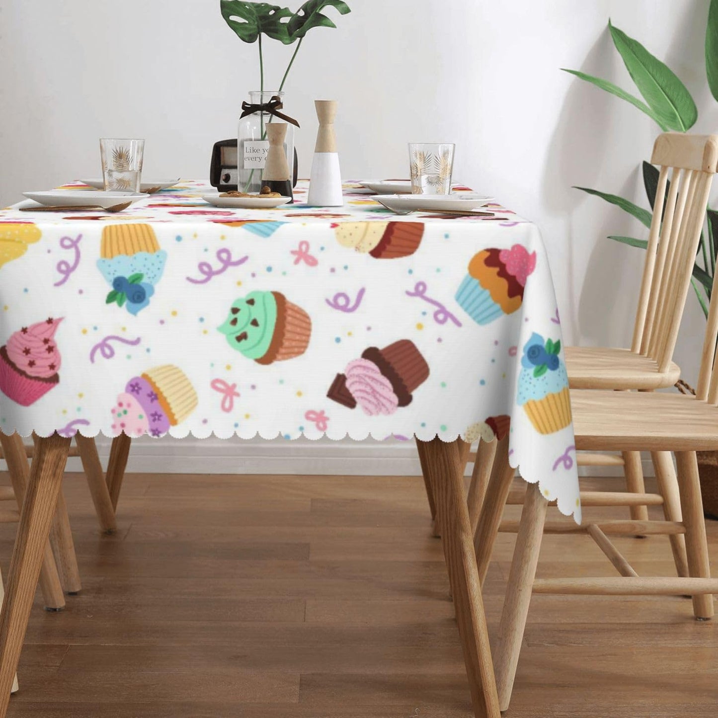 DRAVVIX Cute Cupcakes Rectangular Tablecloth Cartoon Cakes Table Cloth with Wavy Lace Decoration Polyester Table Cover for Dining, Parties 54x72 inch
