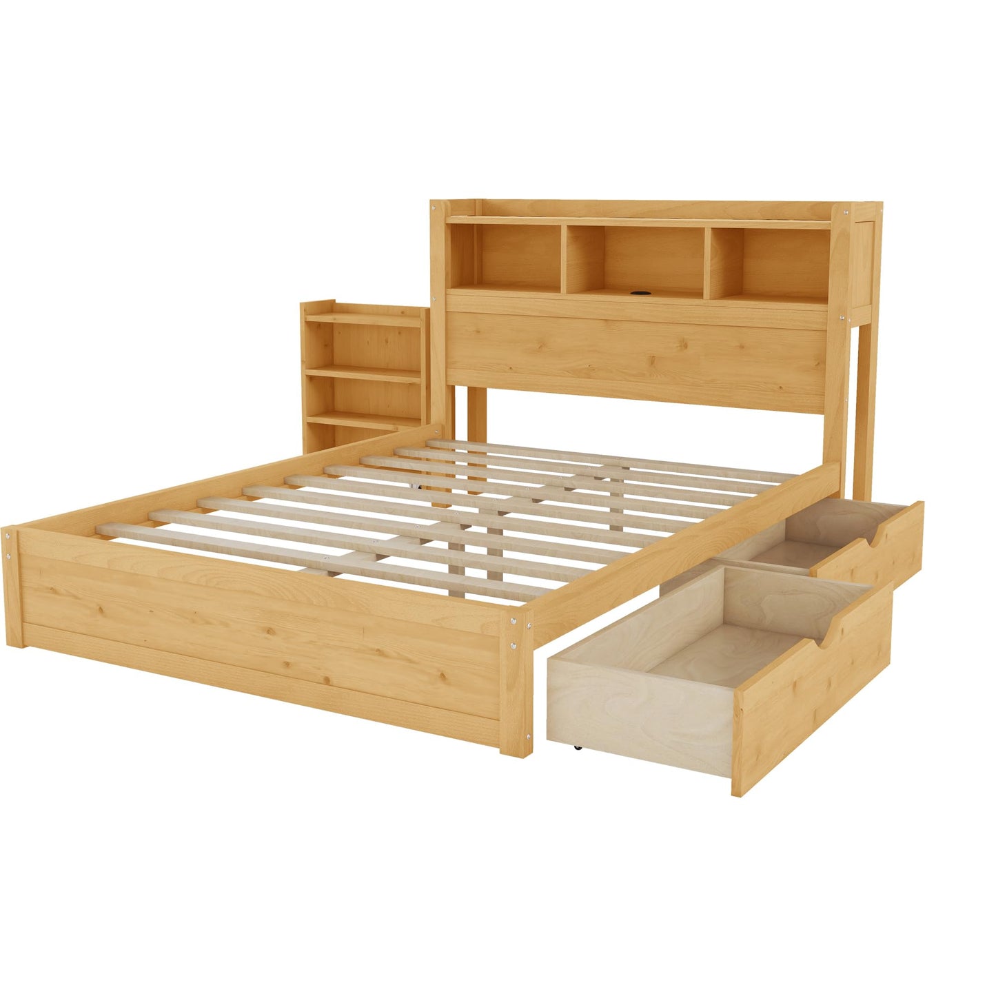 KEIKI Full Size Wood Platform Bed Frame with Storage Headboard & Pull Out Storage Cabinet & 2 Drawers, Modern Bed with Solid Slats & Socket, No Box Spring Required, Easy Assembly, for Bedroom, Natural