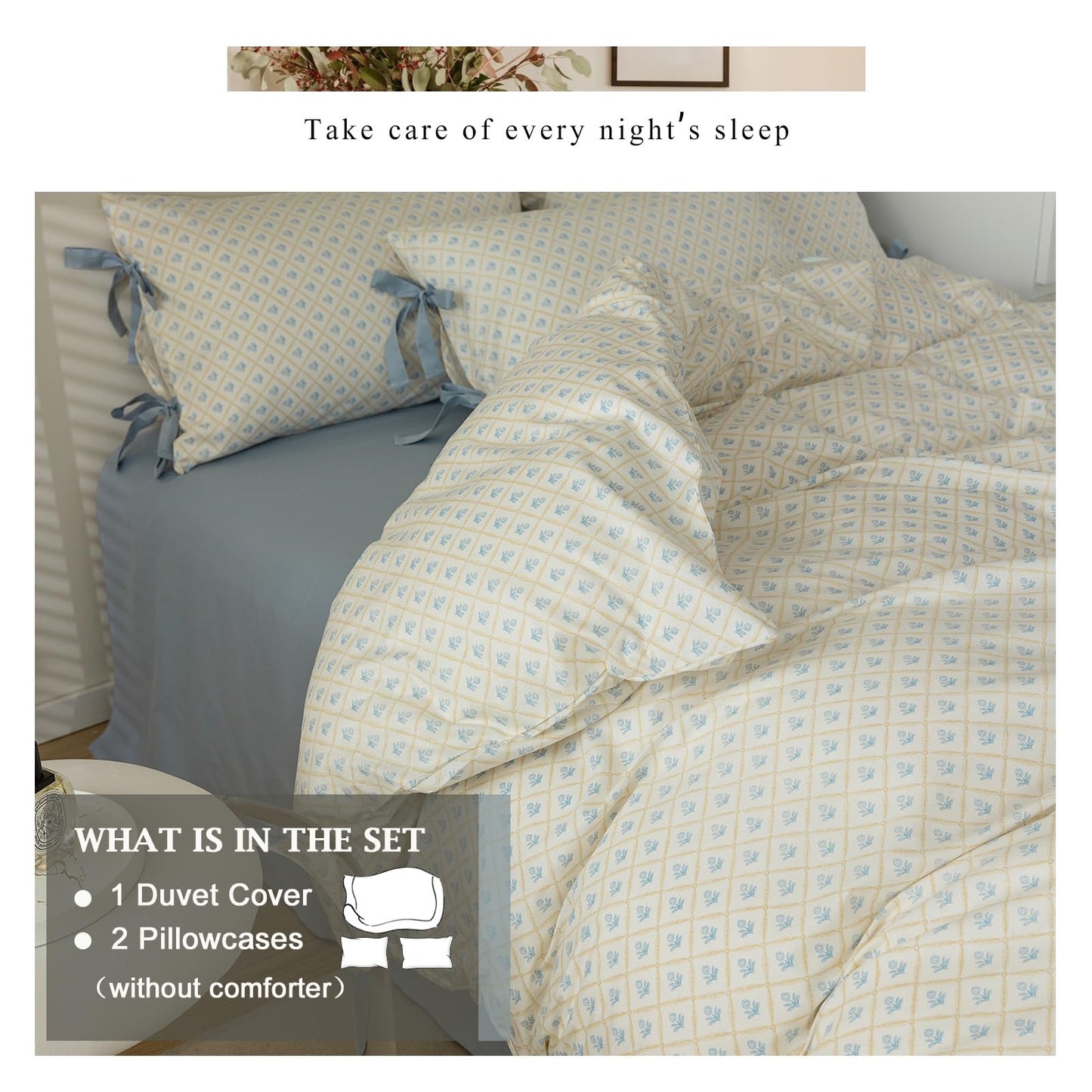 VM VOUGEMARKET Blue Flower Duvet Cover Queen with Plaid Grid Prints,100% Cotton Bedding Set,Aesthetic Comforter Cover for Girls Women 90x90 Inch