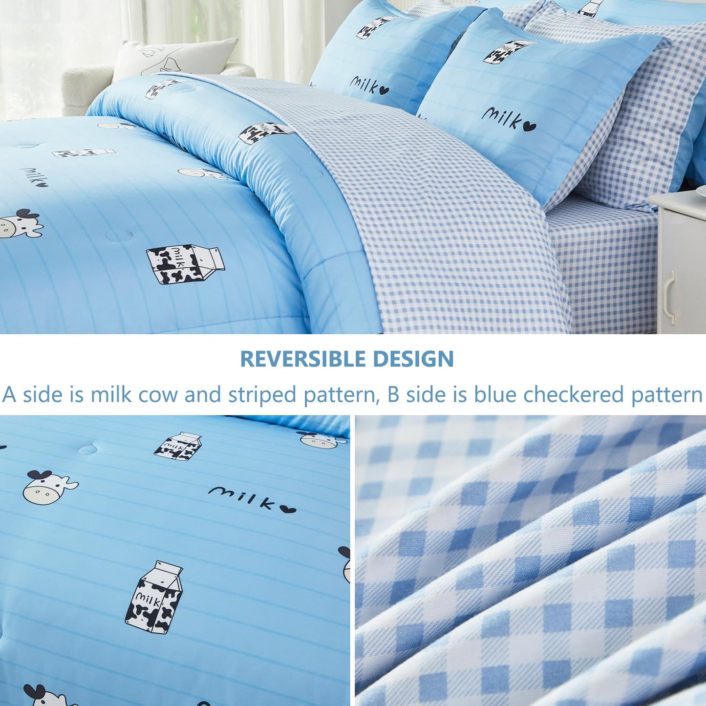 SUCSES 8 Pieces Blue Full Size Comforter Set Striped Western Kids Bedding Sets for Boys Girls Milk Cow Print Bed in A Bag with Comforter and Sheets (Blue, Full)