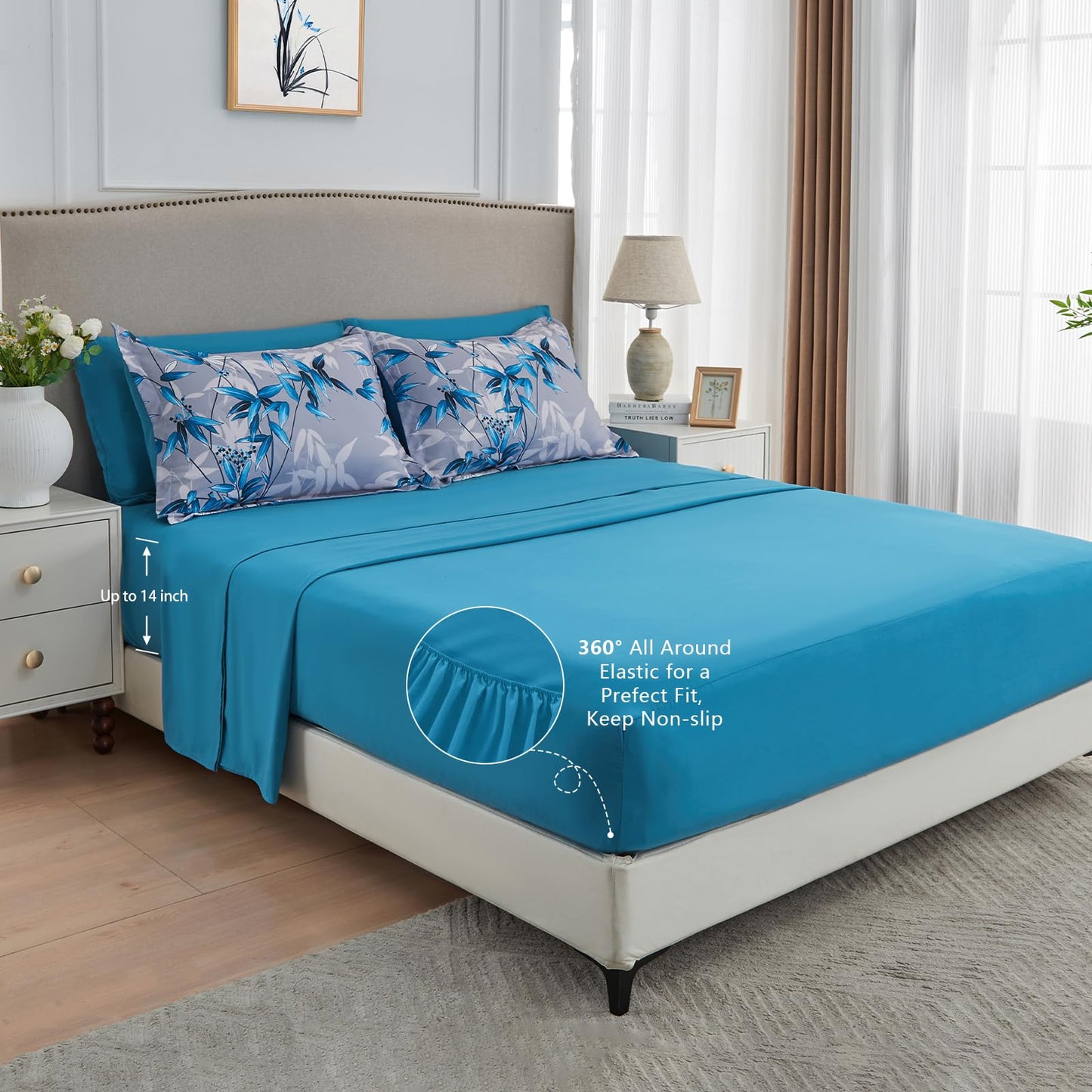 LXWORX Queen Comforter Set Blue - 7 Pieces Bed in a Bag Botanical Leaf Pattern Bedding Set, Soft Lightweight Bed Set with Comforter and Sheets for All Season (Blue,Queen)