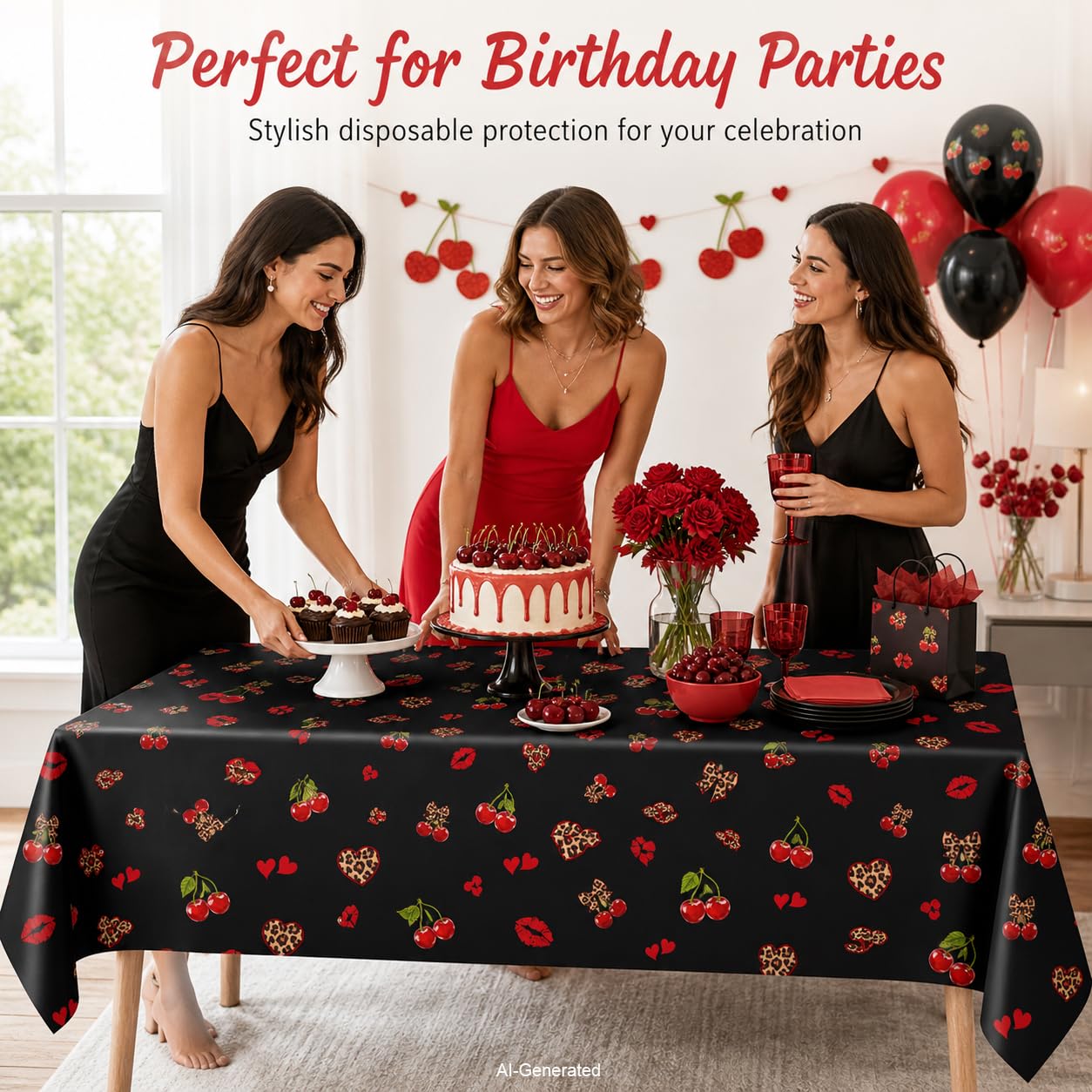 3Pcs 54 x 108 Inch Cheetah Cherry Tablecloths,Red Black Leopard Print Disposable Plastic Table Covers with Red Lips, Waterproof Party Table Cloths for Birthday, Baby Shower, Wedding, Party Decorations