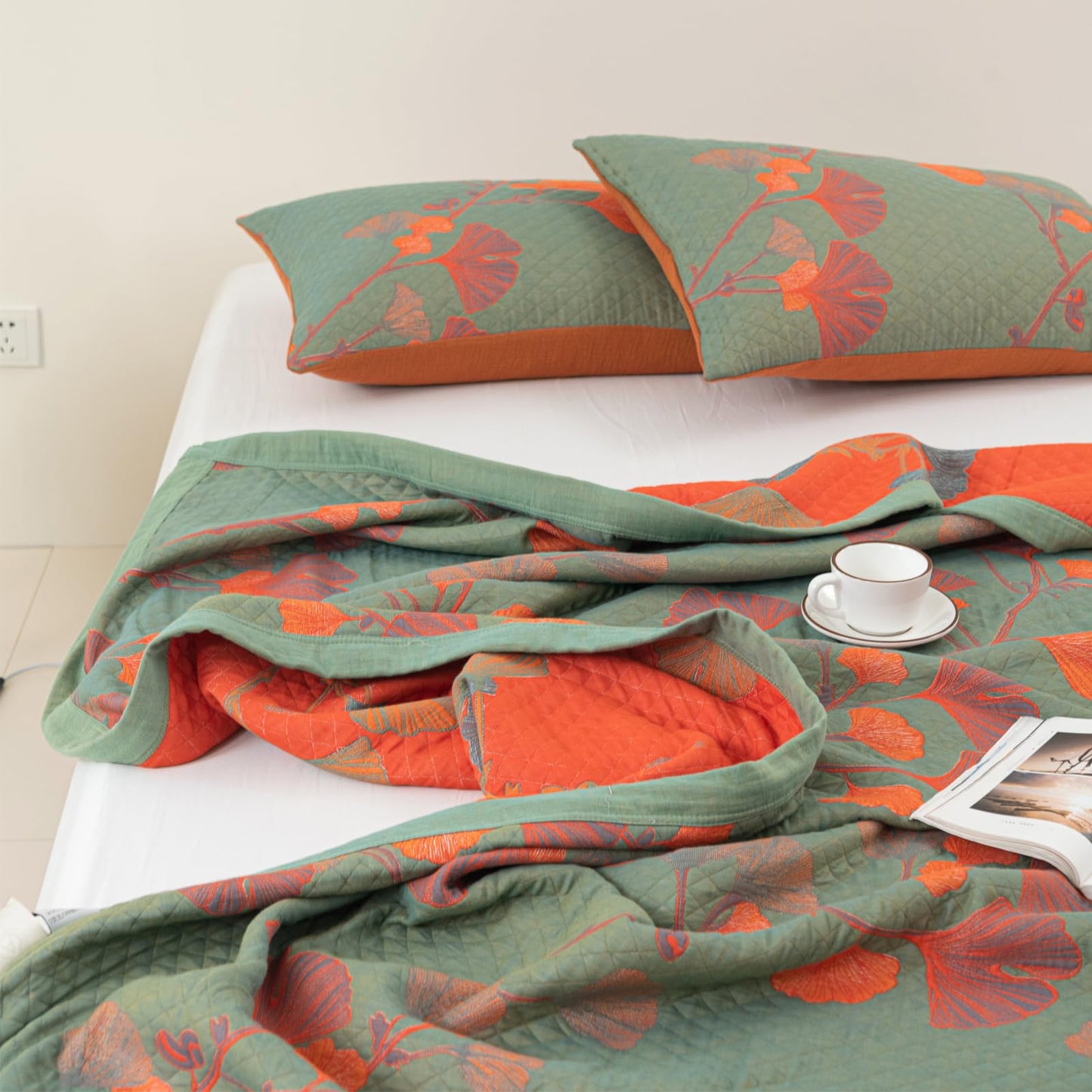 Purefair 100% Cotton Muslin Blanket Jacquard Green Orange Floral Ginkgo Leaves Quilt, Soft Bed Cover Lightweight Breathable Gauzy Reversible Bedspread Coverlet Full/Queen(78"x94"), No Pillow Sham