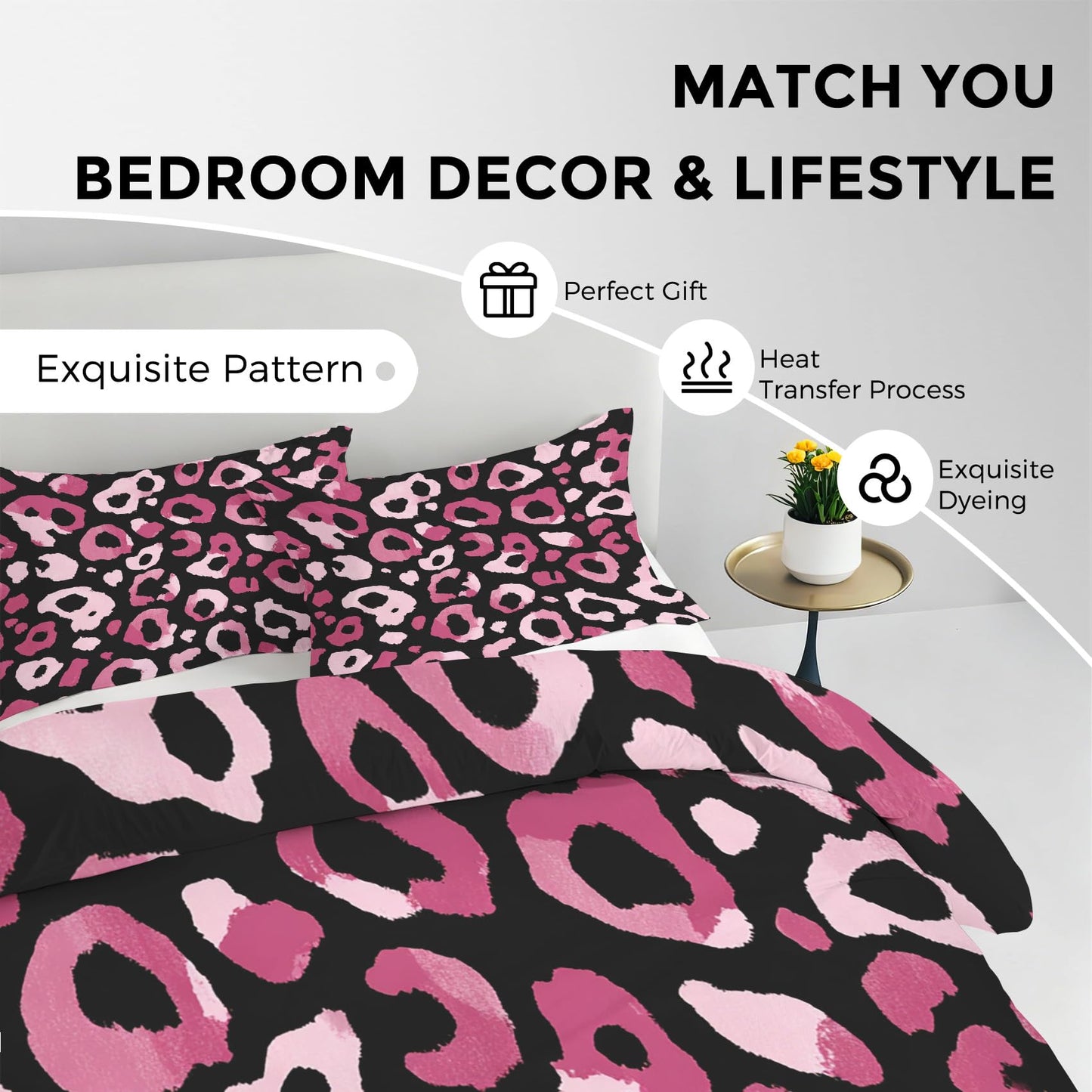Hot Pink Cheetah Print Duvet Cover Queen, Wildlife Animal Print Bedding Set 3 Piece & 2 Pillowcases, Leopard Print Bedroom Decor, Reversible Soft Microfiber, Zipper Ties