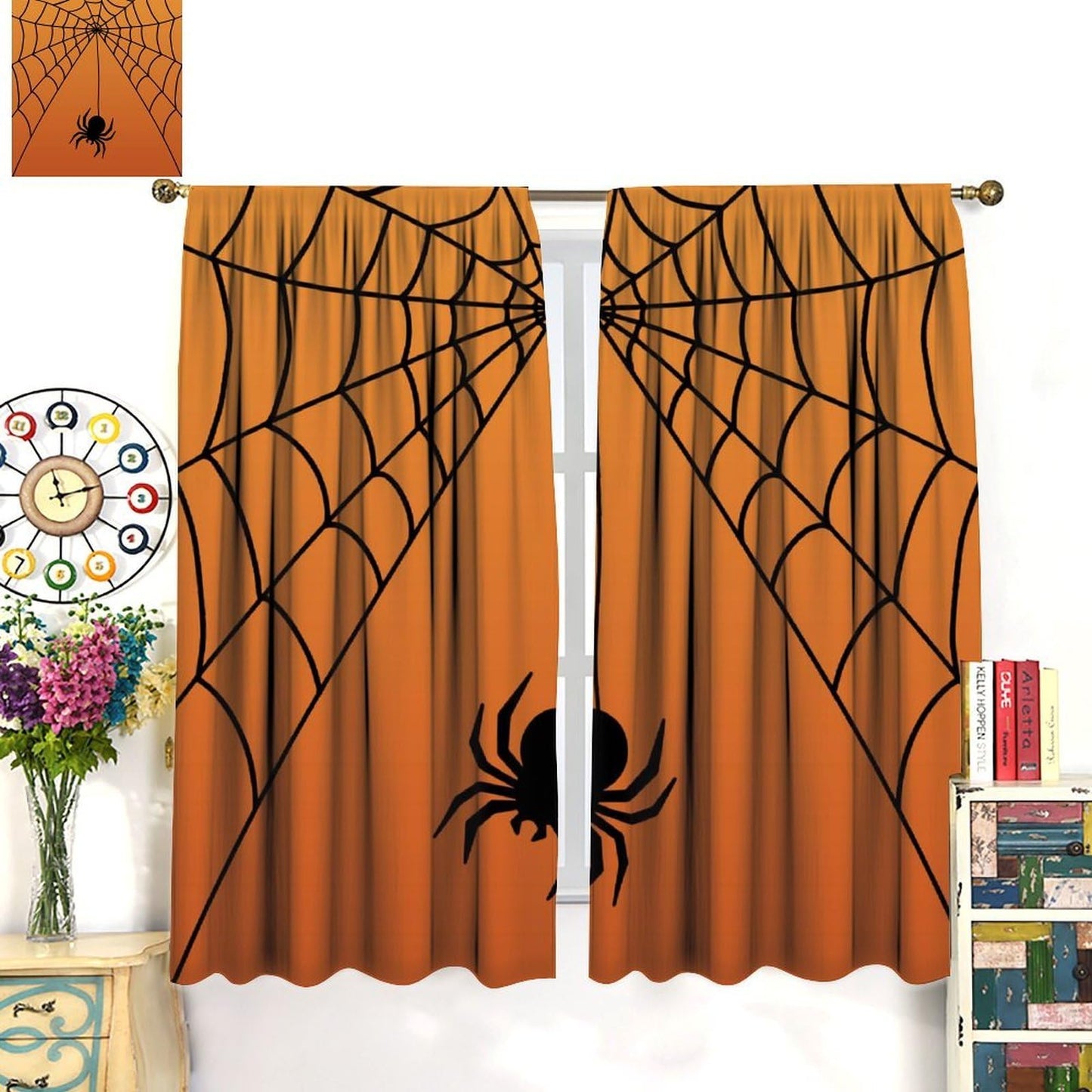Djaby Spiders Web Curtains, Horror Gothic Halloween Themed Spider Print Window Curtain Drapes for Boys Girls Kids Baby Bedroom Nursery 42" W X 45" L(No Blackout)