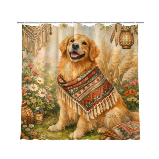REZHOCH Watercolor Boho Fun Golden Retriever Shower Curtain 72x72 Inch,Cute Animal Garden Floral Home Bathroom Decor,Bohemian Farmhouse Woodland Rustic Flower Kids Bath Set with Hooks