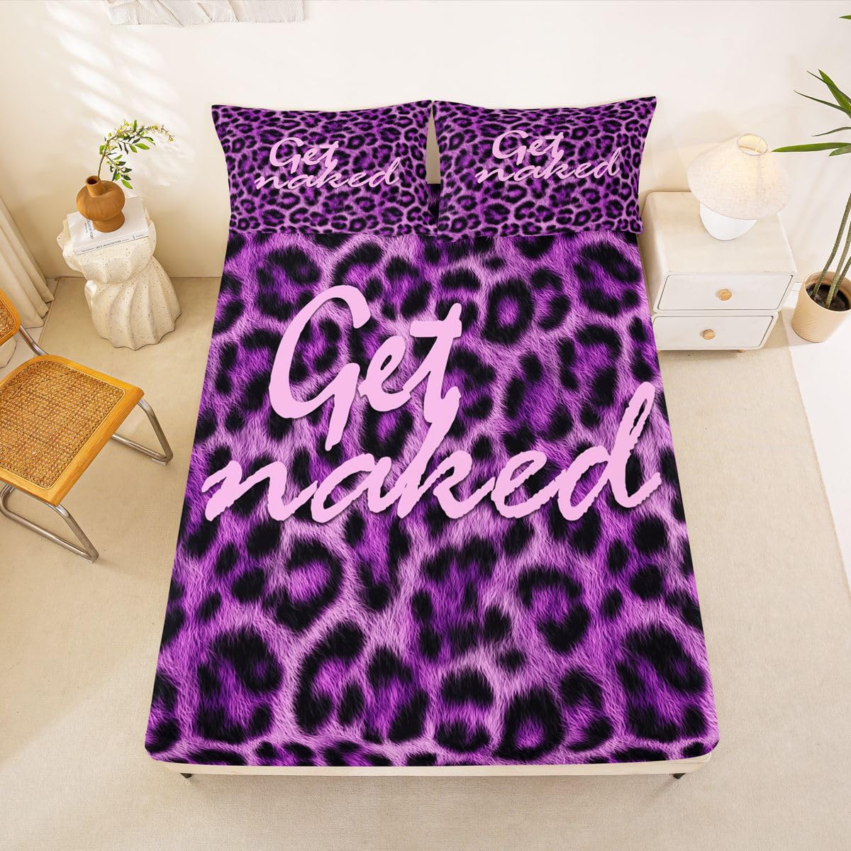 Feelyou Leopard Print Get Naked Fitted Sheet with 2 Pillowcases Full Size Funny Quotes Bed Sheets Set 16" Deep Pocket Boys Girls Purple Bedding Cheetah Teens Bedroom Decor Soft Microfiber