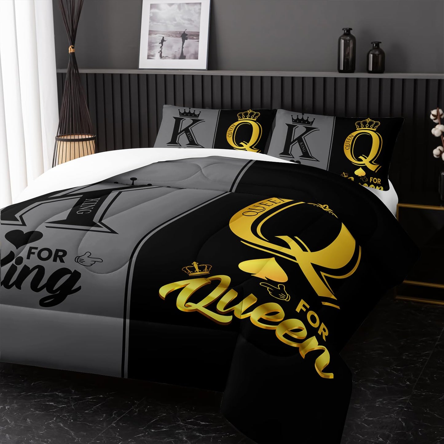Nttopship King and Queen Crown Comforter Set Black and Gray Couple Bedding Set，3Pcs Mr Mrs Comforter Set for Adults Couple Men Women,His and Hers Quilt Set 2 Pillowcases Bedroom Decor Twin
