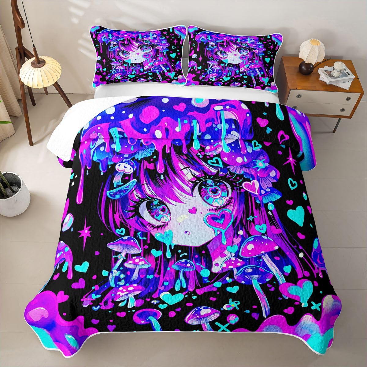 Erosebridal Kawaii Japanese Girl Quilt Twin Size - Anime Girl Bedspread Fantasy Mushrooms Bed Coverlet with 1 Pillowcase