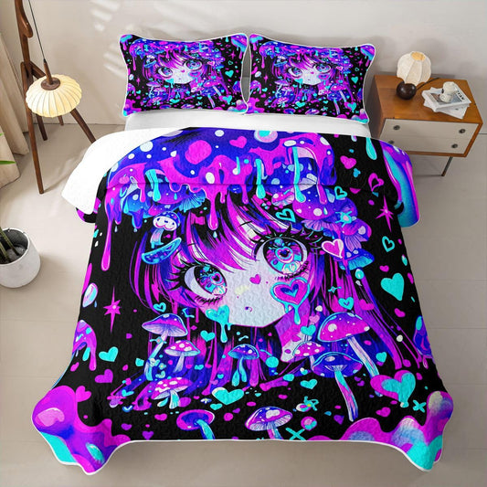 Erosebridal Kawaii Japanese Girl Quilt Twin Size - Anime Girl Bedspread Fantasy Mushrooms Bed Coverlet with 1 Pillowcase