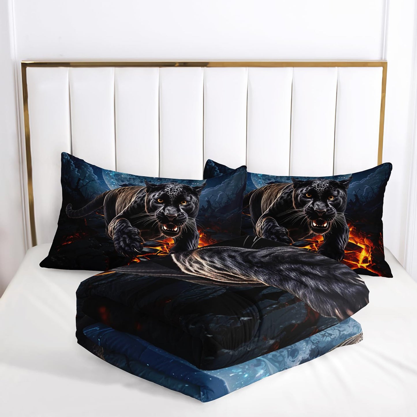 AILONEN Black Panther Comforter Set Twin Size,Safari Cheetah Leopard Print Bedding Set,Magic Moon Animal Theme Leopard Comforter with 2 Pillowcases,3 Pieces Twin Bed in a Bag for Boys Teen Men
