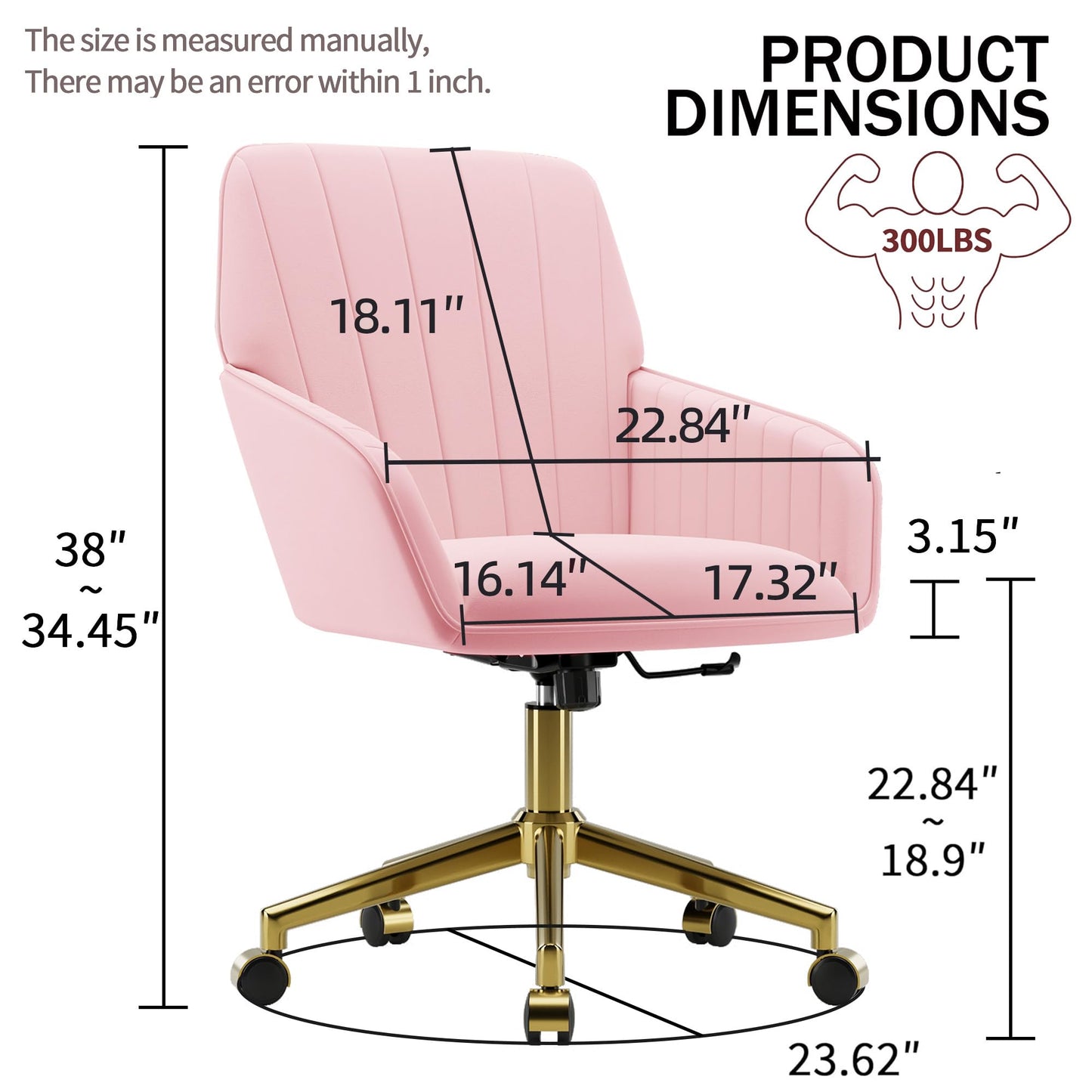 YITAI Velvet Office Desk Armchairs with Gold Base and Wheels,Modern Height Adjustable 360 Degree Swivel Upholstered Vanity Chairs for Living/Room Bedroom/Study,Pink