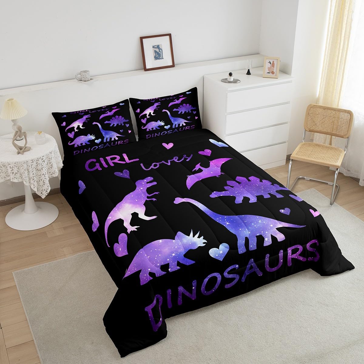 Girls Dinosaur Comforter Set Kids Galaxy Dino Bedding Set for Children Women Bedroom Cartoon Universe Jungle Animal Decor Comforter Outer Space Starry Sky Dinosaurs Duvet Set King with 2 Pillow Case