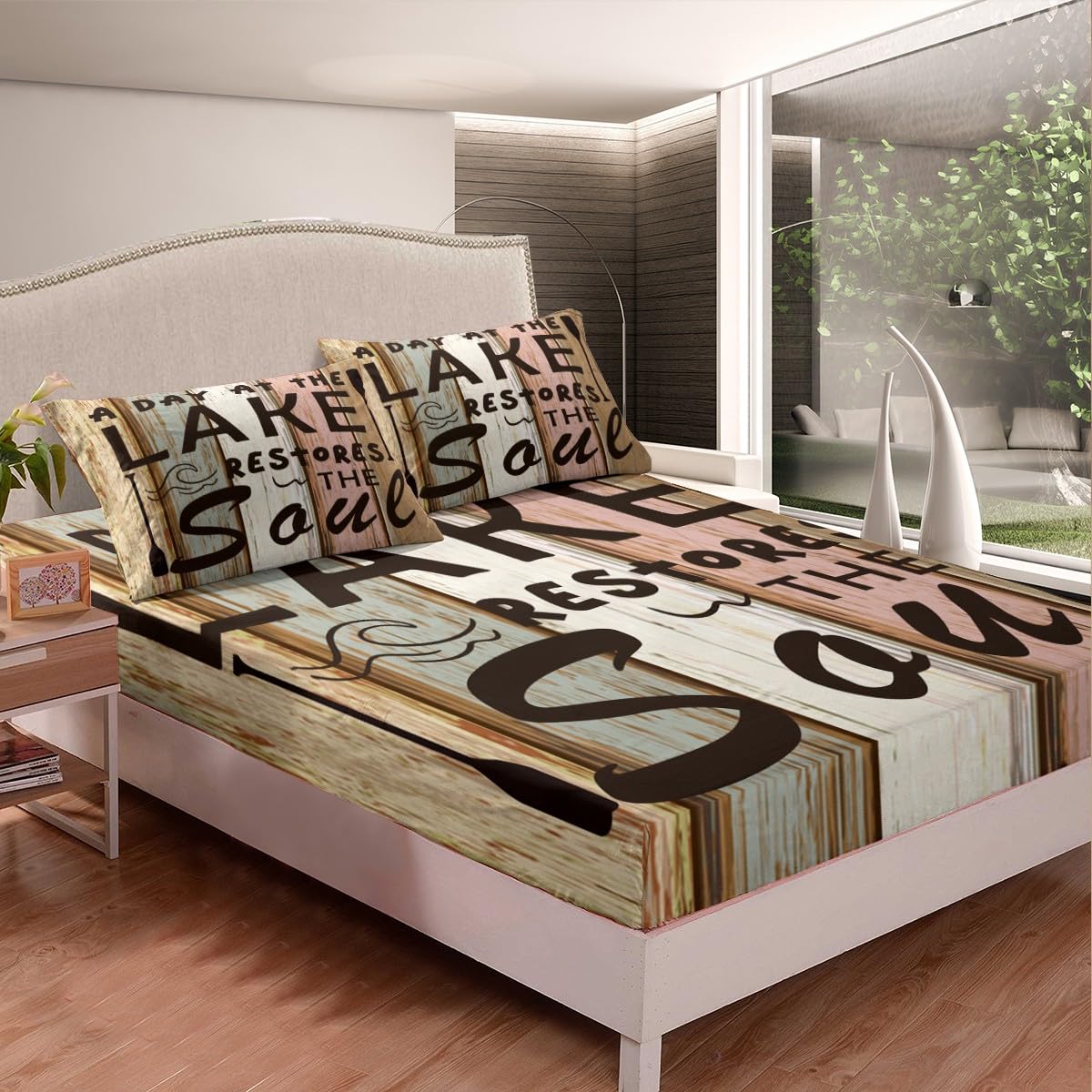 Lake Theme Kids Fitted Sheet Twin Size,Outdoor Adventure Camping Lake House Fishing Bedding Set,Boys Girls Room Decor,Retro Woode Plank Rustic Bed Cover,Brown Bed Sheet,1 Pillowcase(No Top Sheet)
